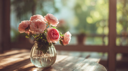 A delicate bouquet of pink roses is elegantly arranged in a clear vase on a rustic wooden table. The soft sunlight enhances the serene atmosphere.の素材