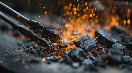 A close-up view of glowing embers and flying sparks in a blacksmith's forge, showcasing the intricate art and passion of metalworking in a vivid and dynamic scene.の素材