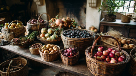 A captivating arrangement of fresh produce in rustic baskets on a wooden table, showcasing a variety of fruits and vegetables in a warm, inviting kitchen atmosphere.の素材