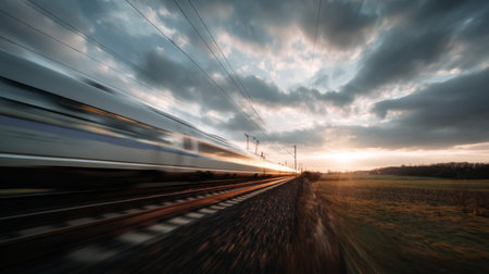 A high-speed train races past under a vibrant, cloudy sky during sunset. The blurred motion conveys energy, making it an emblem of modern travel and adventure.の素材