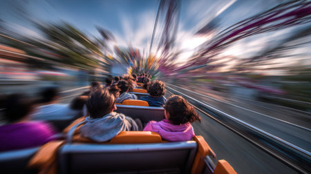 A captivating scene of an amusement park roller coaster ride featuring excited passengers amidst a beautiful sunset backdrop. The motion blur highlights the thrill and energy.の素材