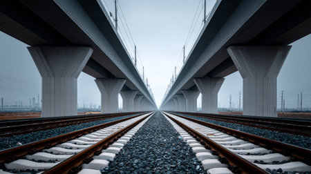 Captivating view of train tracks extending towards a gloomy horizon beneath a modern overpass, evoking feelings of travel, solitude, and architectural beauty.の素材