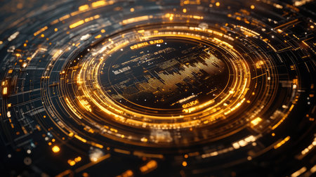 A 3D circular gold graph rotating in space, with highlighted segments and floating data points, representing the gold market performance in a high-tech interface.の素材