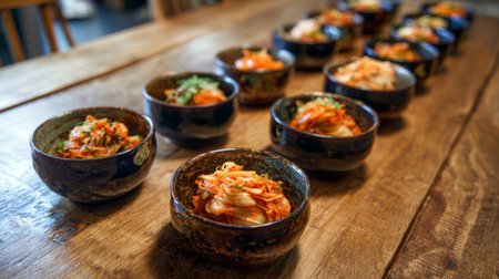 A beautiful display of various bowls filled with colorful fermented vegetables arranged on a wooden table, showcasing the artistic presentation of a healthy meal.の素材
