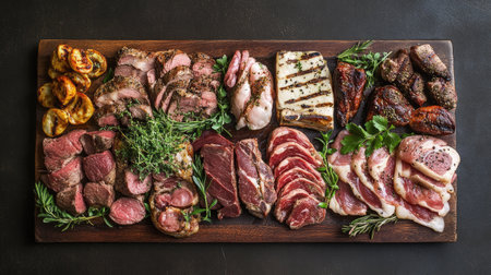 A beautifully arranged platter of various cuts of meat, including beef, pork, and chicken, garnished with fresh herbs and spices, showcasing a feast for meat loversの素材