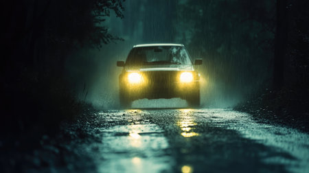 A close-up of a car driving on a dimly lit road, with headlights piercing through the darkness, emphasizing the sense of adventure and exploration.の素材