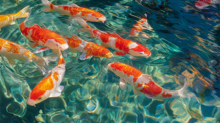 A stunning image of vibrant koi fish gliding gracefully through crystal clear water, showcasing a blend of orange and white colors, creating a tranquil and serene atmosphere.の素材