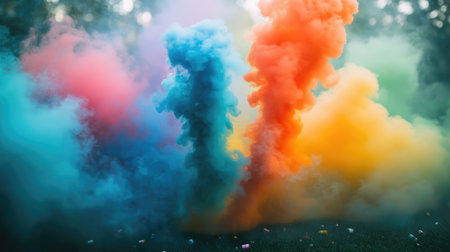 A close-up shot of rainbow-colored smoke billowing from a smoke bomb, set against a dramatic backdrop of nature, capturing the beauty of color in motion.の素材