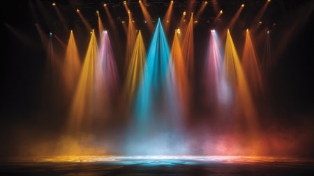 This image captures a captivating stage ambiance featuring colorful beams of light and soft fog, perfect for theatrical performances and entertainment events.の素材