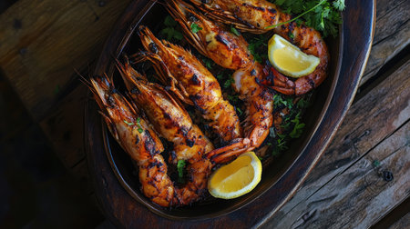 A beautifully grilled platter of prawns, glistening with a smoky char and garnished with fresh herbs and lemon wedges, set against a rustic wooden tableの素材