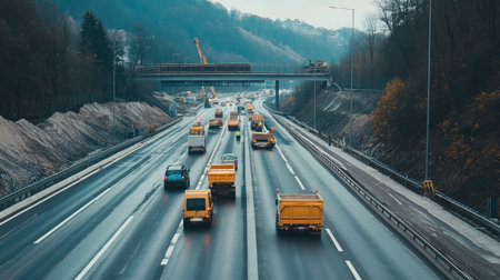 A construction scene on the expressway, with workers and machinery improving the road, emphasizing the importance of maintaining transportation infrastructure.の素材