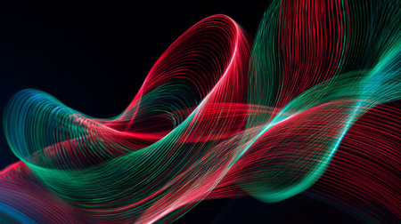 Vibrant abstract representation of flowing light waves in red and green against a dark background, evoking a sense of motion and energy perfect for creative projects.の素材