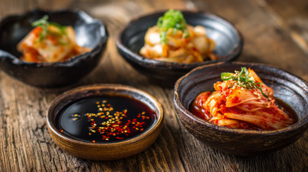 Enjoy an enticing display of traditional Korean side dishes, featuring vibrant kimchi and savory accompaniments, served beautifully in rustic bowls atop a wooden table.の素材