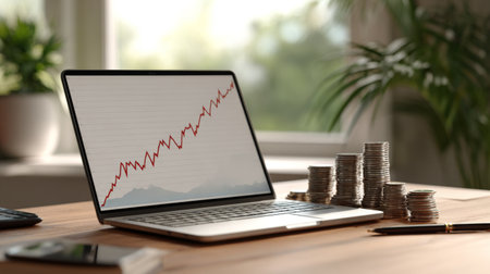 A sleek laptop displays a rising investment graph, surrounded by stacks of coins, symbolizing wealth growth in a bright, modern office environment.の素材