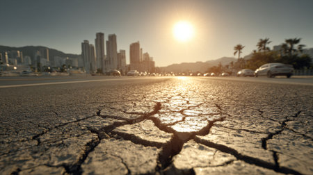 A close-up view of a cracked asphalt road leading towards a city skyline at sunset, showcasing the contrast between nature and urban life in a vibrant coastal landscape.の素材