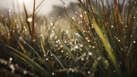 A captivating close-up of dew-covered grass in the soft morning light, showcasing nature's intricate details and the shimmering beauty of water droplets on blades.の素材
