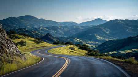A winding road stretches through lush green hills and mountains, creating a serene and picturesque view under a clear sky, perfect for depicting adventure and exploration.の素材