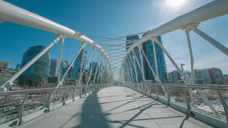 A stunning view of a modern bridge in an urban environment, featuring sleek lines and a vibrant city skyline under a bright blue sky. Perfect for depicting contemporary design.の素材
