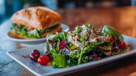 A vibrant plate of fresh salad featuring tuna, cherry tomatoes, and greens, served alongside a tempting sandwich in a cozy restaurant atmosphere. Perfect for a healthy lunch.の素材