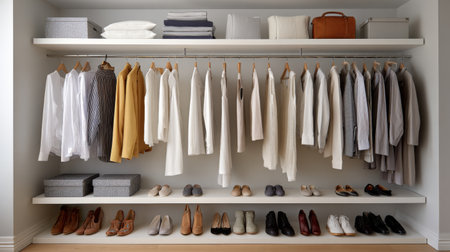 A visually appealing and organized wardrobe showcasing a range of shirts, shoes, and accessories. This minimalist design emphasizes neat arrangement and stylish simplicity.の素材