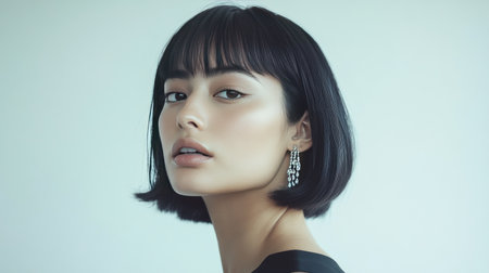 A portrait of a woman with a chic bob haircut, accessorized with delicate earrings, capturing her confident and stylish demeanor against a minimalist background.の素材