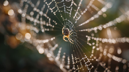 A close-up view of a spider creating its web with sparkling droplets of water, blending artistry and natureの素材