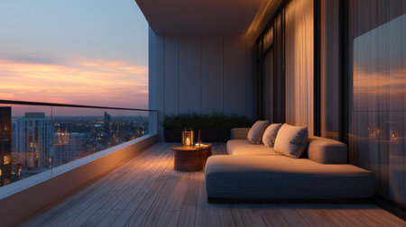 Experience a serene urban escape with this modern balcony scene showcasing cozy seating and a stunning city skyline, perfect for evening relaxation.の素材