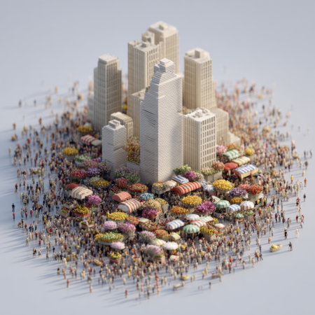 A lively urban marketplace thrives beneath towering skyscrapers, filled with diverse crowds engaged in shopping amidst colorful flower stalls and bustling energy.の素材