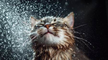 A dynamic photo of a cat shaking off water after a bath, with droplets flying in all directions, showcasing the playful and energetic nature of pets.の素材