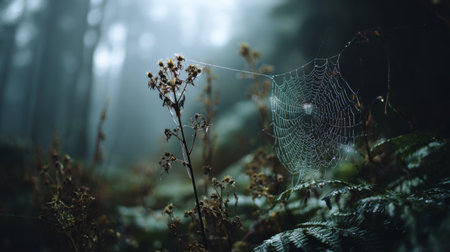 Capture the ethereal beauty of an early morning forest, where mist envelops delicate plants and a spider web glistens with dew, creating a serene atmosphere.の素材