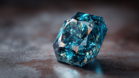 A mesmerizing close-up of a stunning blue gemstone, featuring intricate facets and sparkling reflections. The stone's unique geometric shape adds to its captivating beauty.の素材