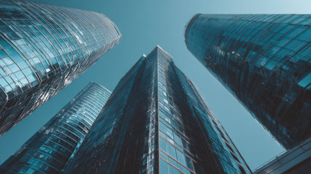 A breathtaking view of contemporary glass skyscrapers reaching skyward. The photo captures modern architectural design against a clear blue sky, highlighting urban beauty.の素材