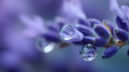 A stunning close-up of a lavender flower with droplets of dew, highlighting remarkable details and the vibrant colors of nature, ideal for promoting serenity.の素材