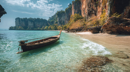 A tranquil beach scene featuring a traditional wooden boat anchored in crystal-clear waters, surrounded by impressive cliffs and lush greenery. Perfect for nature lovers.の素材