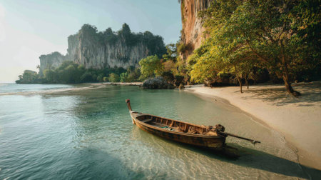 Discover a tranquil beach scene featuring a traditional boat resting on calm waters, surrounded by lush greenery and rugged cliffs, perfect for travel inspiration.の素材