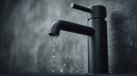 A sleek, modern black faucet featuring a single droplet of water against a textured gray surface, perfect for showcasing contemporary bathroom and kitchen aesthetics.の素材
