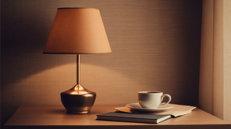 This image features a cozy nightstand scene with a stylish lamp, a cup of coffee, and several books, all illuminated by soft, warm light, ideal for relaxation.の素材