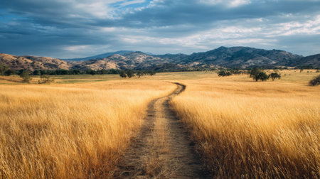 A peaceful pathway winds through a golden meadow under a dramatic sky, offering a picturesque rural landscape with rolling hills and lush grass. Perfect for nature lovers.の素材