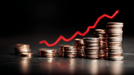 Close-up of stacked coins illustrating financial growth, with a rising graph overlay in a dark abstract background. This image symbolizes investment success and wealth accumulation.の素材