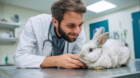 A compassionate veterinarian engages with a cute rabbit in a bright clinic. The scene highlights the gentle interaction and professionalism in pet care and animal health.の素材