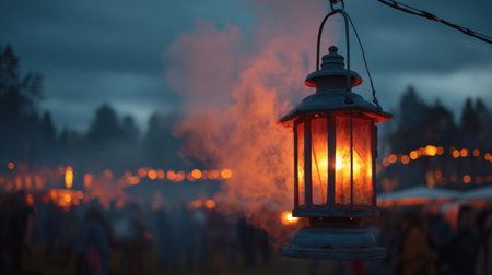 A rustic lantern releases a warm glow in a misty outdoor setting, creating a cozy atmosphere for a community gathering under the night sky.の素材