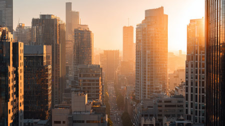 A stunning urban landscape featuring towering skyscrapers bathed in warm golden light during sunset, showcasing the beauty of a vibrant metropolis as day transitions to night.の素材