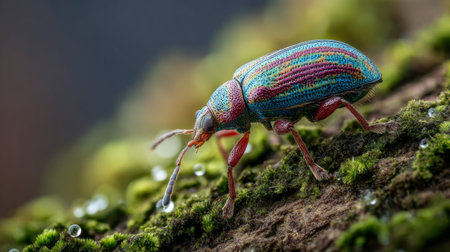 A stunning macro shot of a colorful beetle on a mossy surface adorned with water droplets. This close-up reveals intricate details and vibrant hues of natureの素材