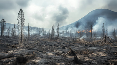 A photograph capturing the aftermath of a volcanic eruption, with ash-covered landscapes and fallen trees, illustrating the impact on the environment.の素材