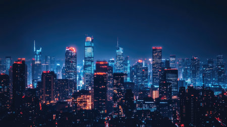 A panoramic view of a city skyline at night, with illuminated skyscrapers creating a dazzling display against the dark sky, symbolizing urban vibrancy.の素材