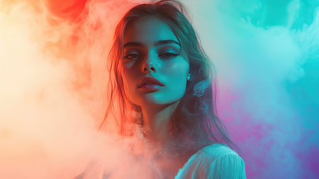 A model posing in a studio surrounded by colored smoke, with a dramatic light source, emphasizing the ethereal and artistic quality of the scene.の素材