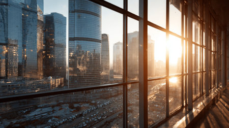 A captivating view from inside a modern office building showcasing tall skyscrapers illuminated by warm sunset light, creating a tranquil city atmosphere.の素材