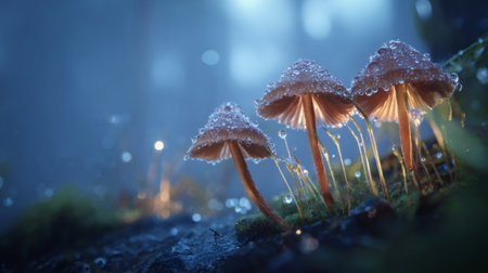 A detailed view of luminous mushrooms in a misty forest setting, adorned with glistening water droplets. The ethereal atmosphere evokes serenity and magic in nature.の素材