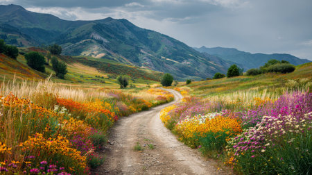 A captivating dirt road winds through a lush meadow adorned with vibrant wildflowers, set against a breathtaking mountainous backdrop and a moody sky.の素材
