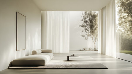 A serene minimalistic living room featuring a sleek sofa, simple decor, and large windows allowing natural light to flood the space, creating a tranquil atmosphereの素材